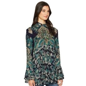 Free People Lady Luck High Neck Bell Sleeve Paisley Floral Print Tunic Top
